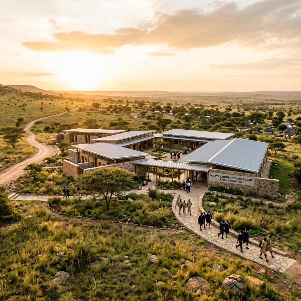 A newly built modern educational center in rural Africa, funded by ethical mining